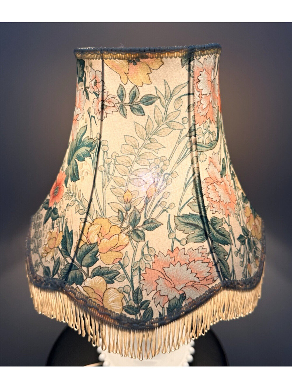 Set 2 Vtg Fringe Floral 80s 90s Victorian Scalloped Bell Lamp Shades 11"Hx12.5"